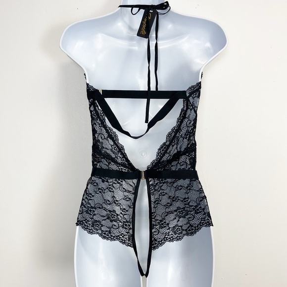 Mapale Crotchless Bodysuit Womens Large Black Lace Sheer Lingerie Halter NWT NEW - Picture 2 of 13